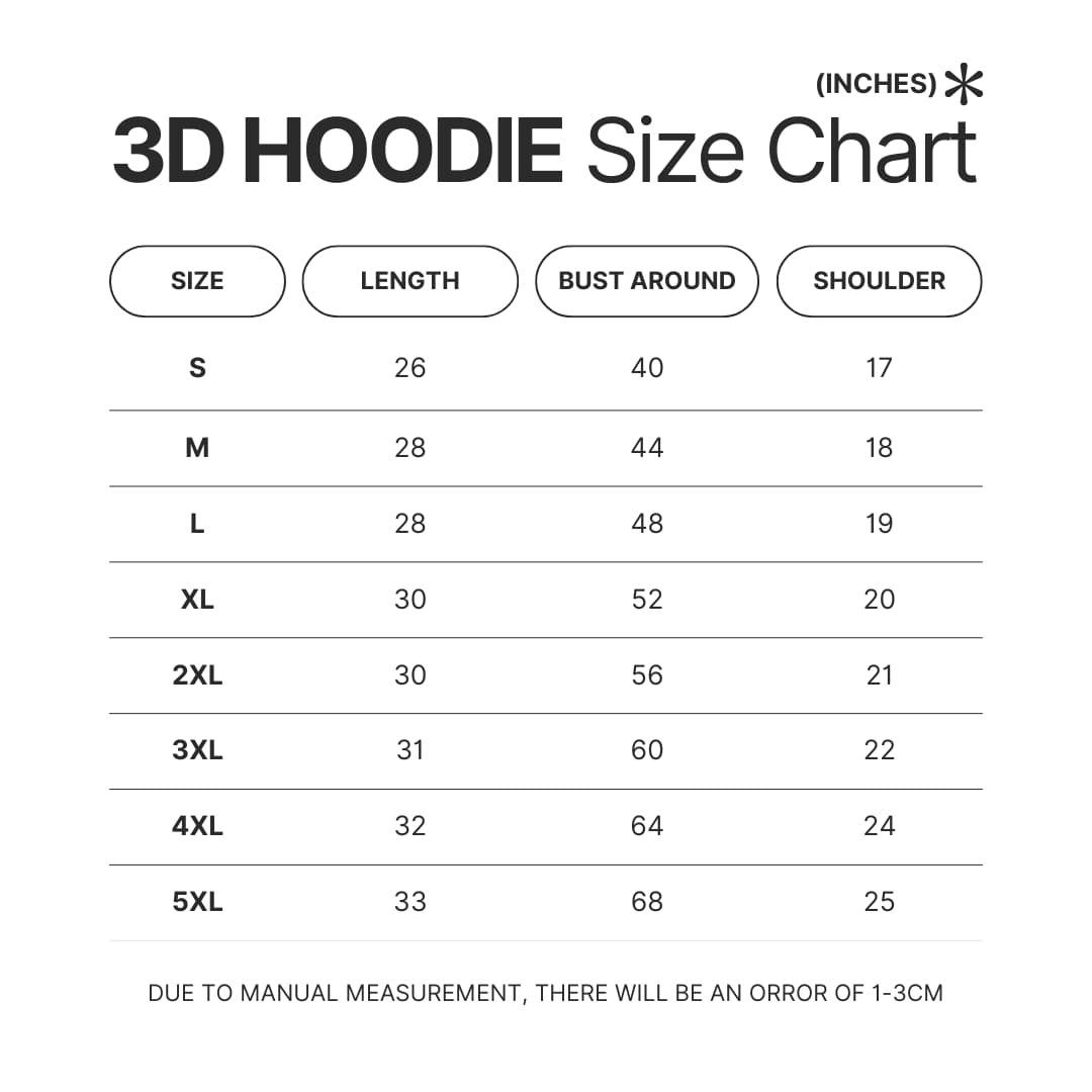 3D Hoodie Size Chart - Spirited Away Store